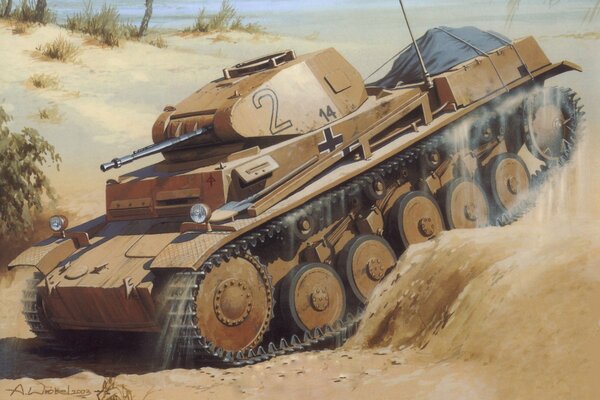 Ein Panzer schleicht sich in der Wüste durch den Sand