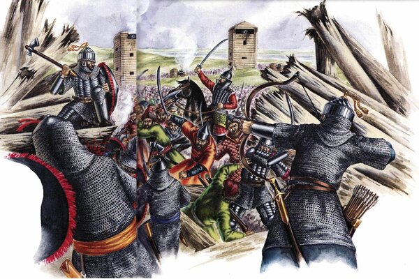 A painting depicting a fortress and warriors in armor