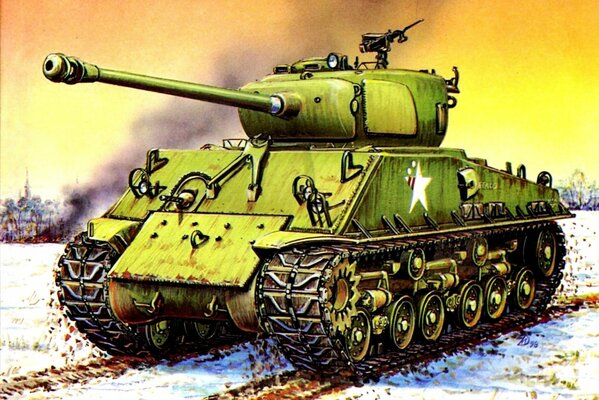 Dibujo de un tanque verde en un campo de invierno