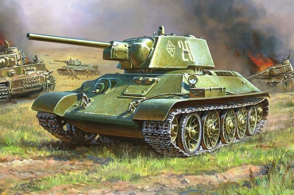 Figura tanque soviético en el campo de batalla