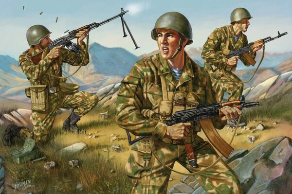 Disegno di truppe aeree sovietiche con fucili d assalto sullo sfondo delle montagne in Afghanistan