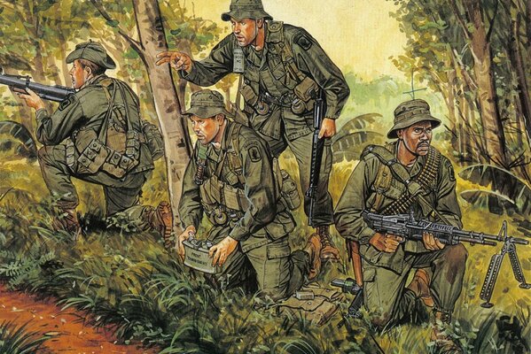 Airborne troops. vietnam equipment in the jungle. drawing