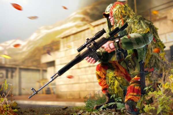 Art of a soldier with a sniper. camouflage cloak with Red star soyuz