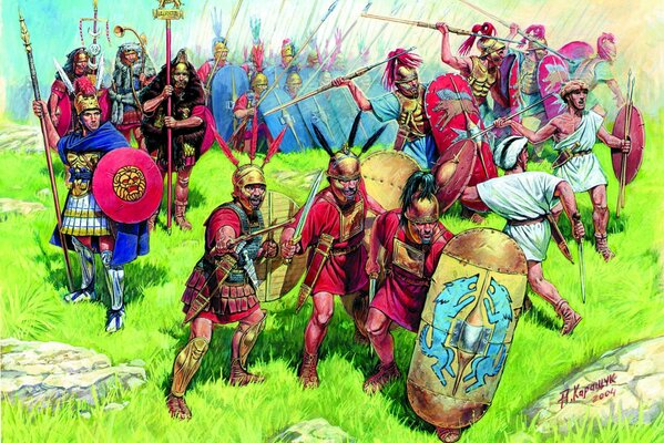 Ancient Roman infantry with shields, swords and spears