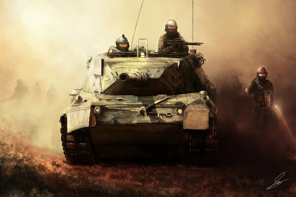 Soldados de arte con un tanque militar en la niebla