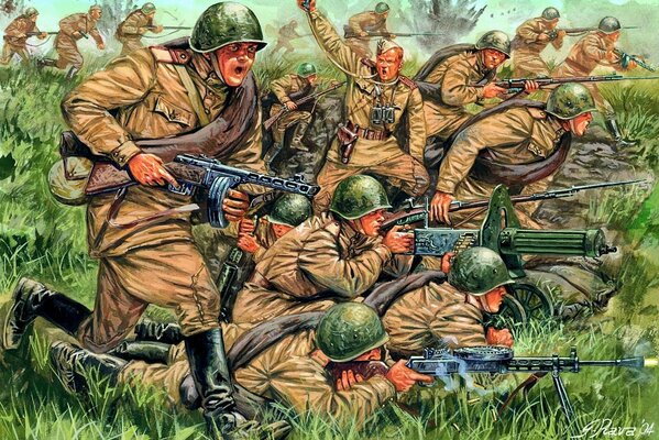 Caricatura de soldados soviéticos en combate