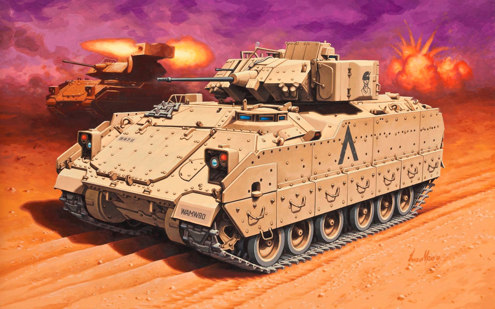 art m2a2 bradley bmp american combat machine infantry infantry fighting car bradley named in honor of general omar bradley created 1970 s under the influence of soviet bmp-1 and german marder crew 3chel. landing 6chel. caliber guns 25 mm m242 pu