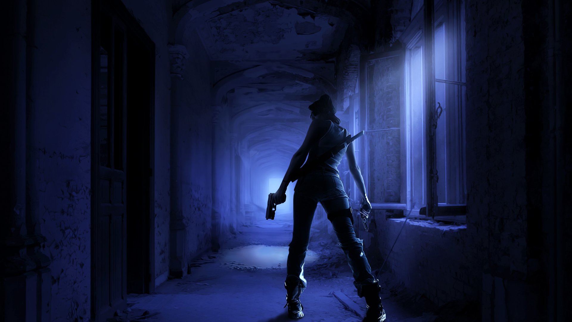 girl corridor night killer weapon gun sword darkly