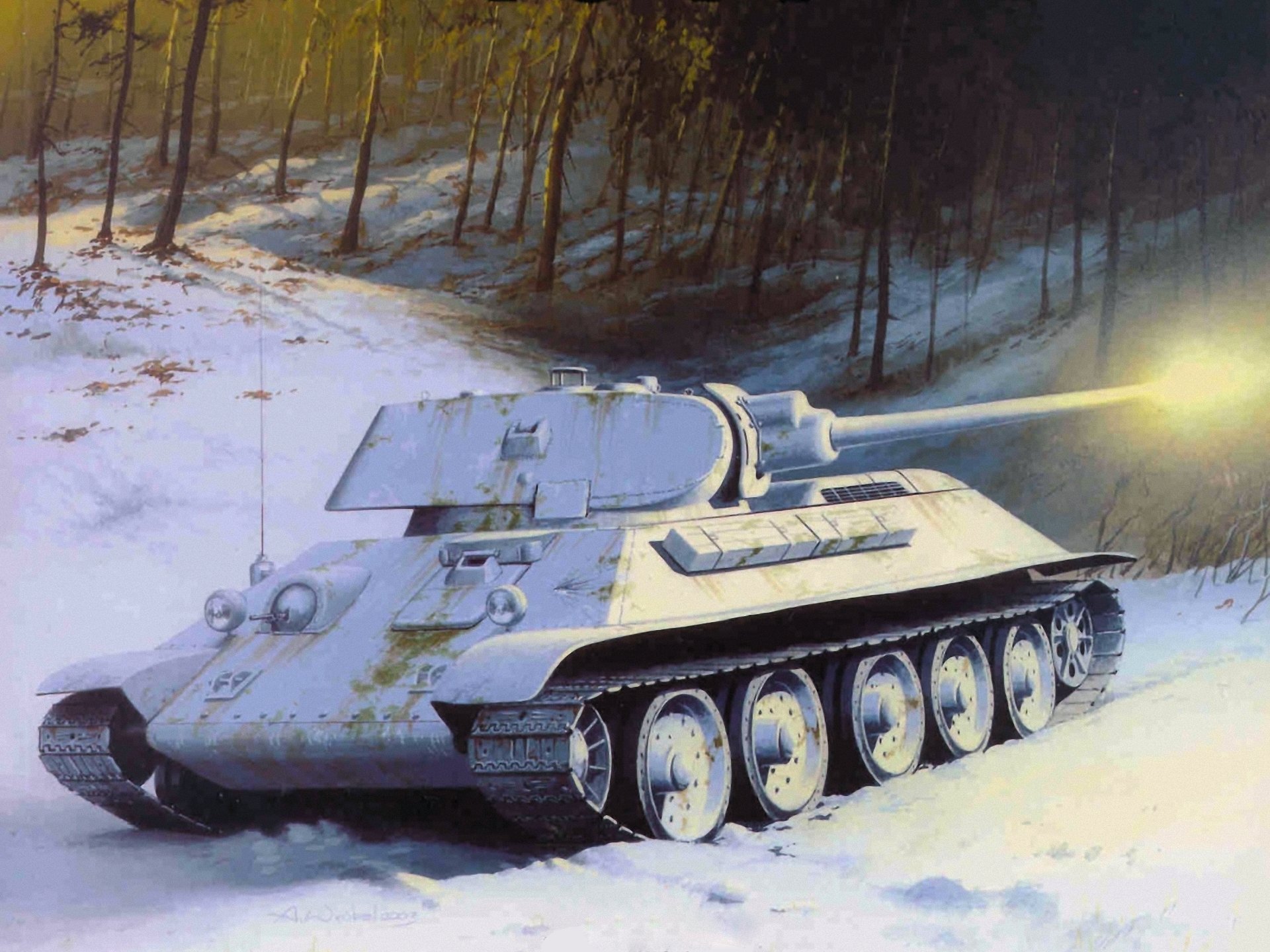 arte inverno neve alberi t-34-76 sovietica carro armato medio del periodo della seconda guerra patriottica bianco camouflage flash colpo