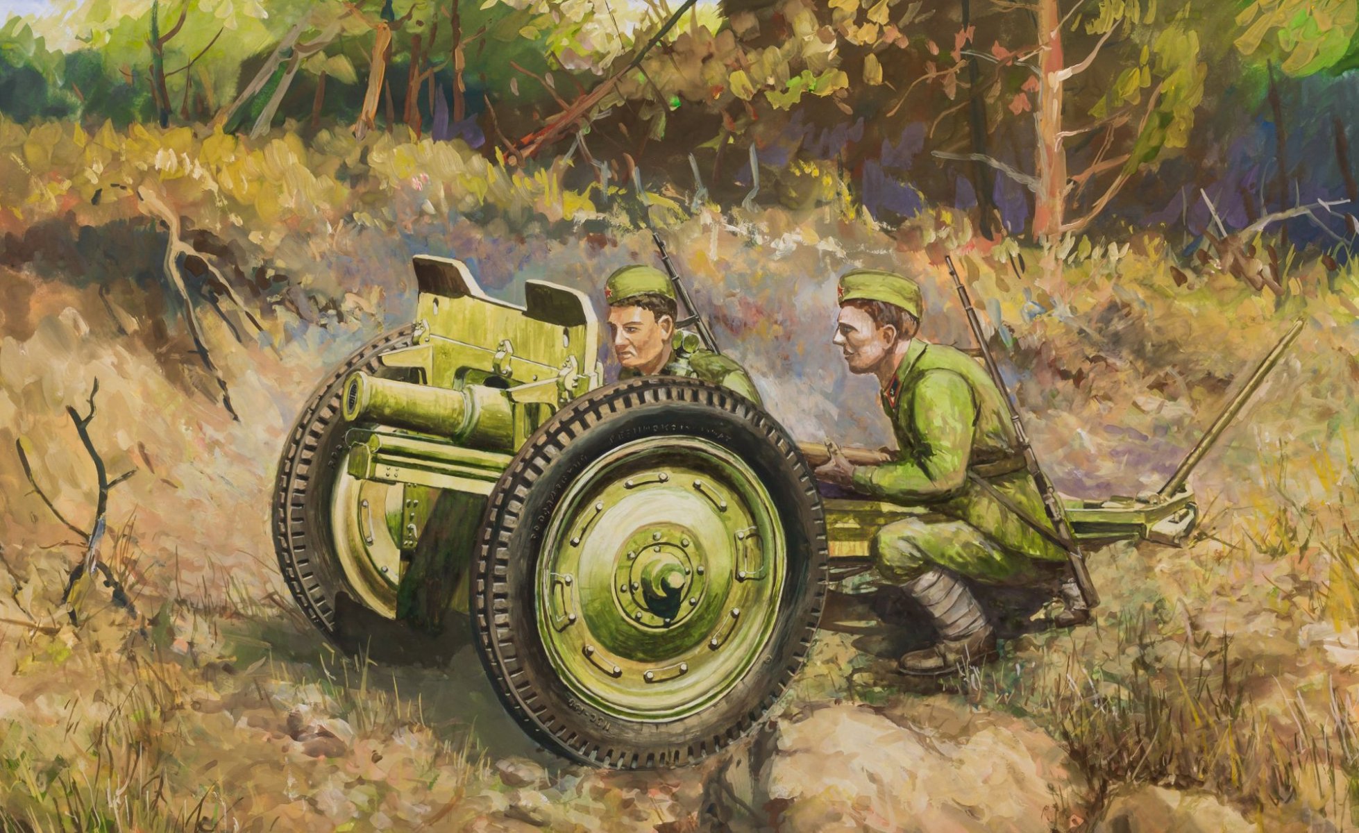 art soldiers soviet light cannon regimental cannon caliber 76-mm calculation leads battle ussr wwii ww2