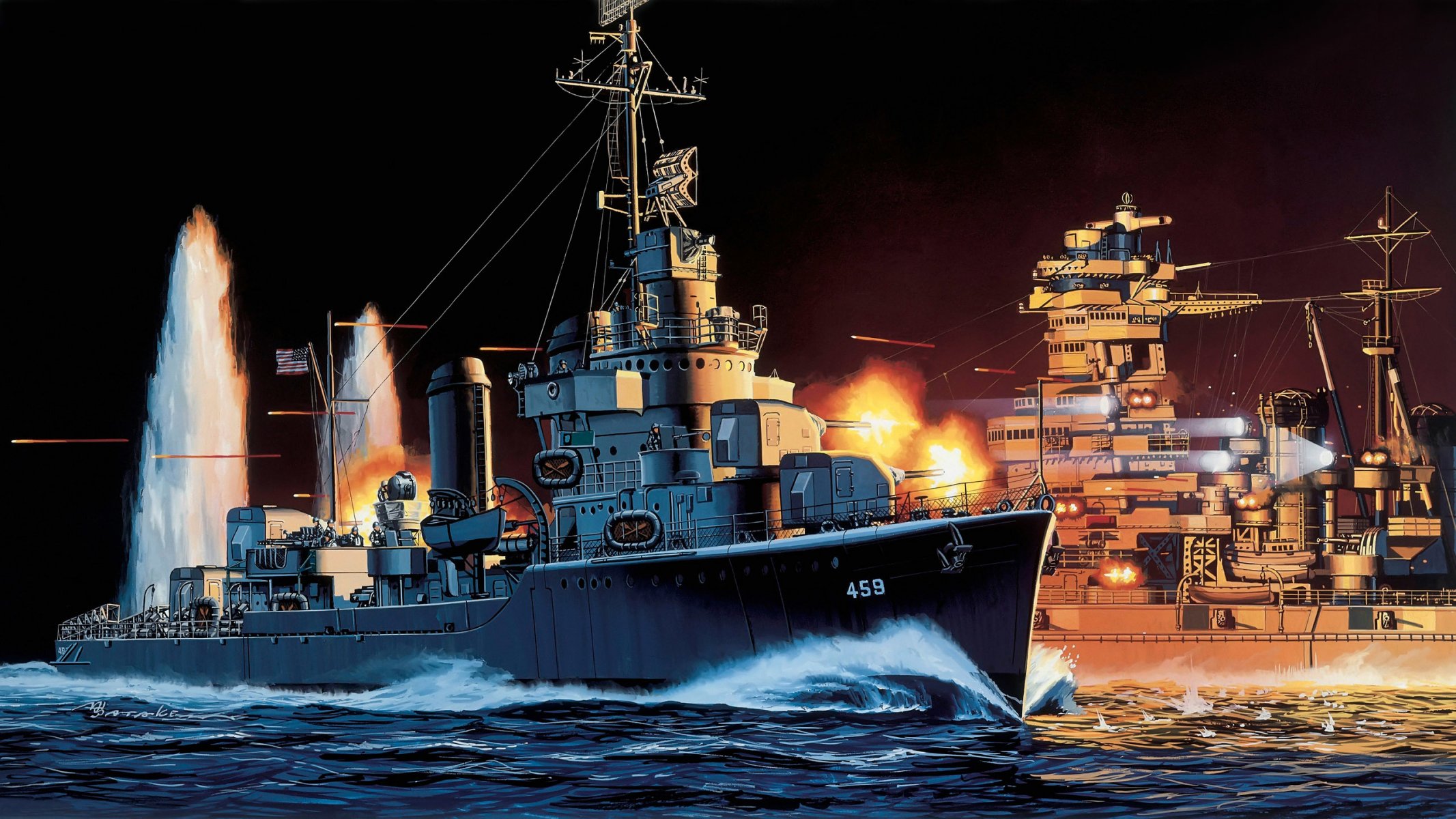 arte marina barco militar barcos laffy dd-459 americano destructor tipo benson japonés lineal hiei batalla cerca islas guadalcanal 13 de noviembre de 1942 ww2