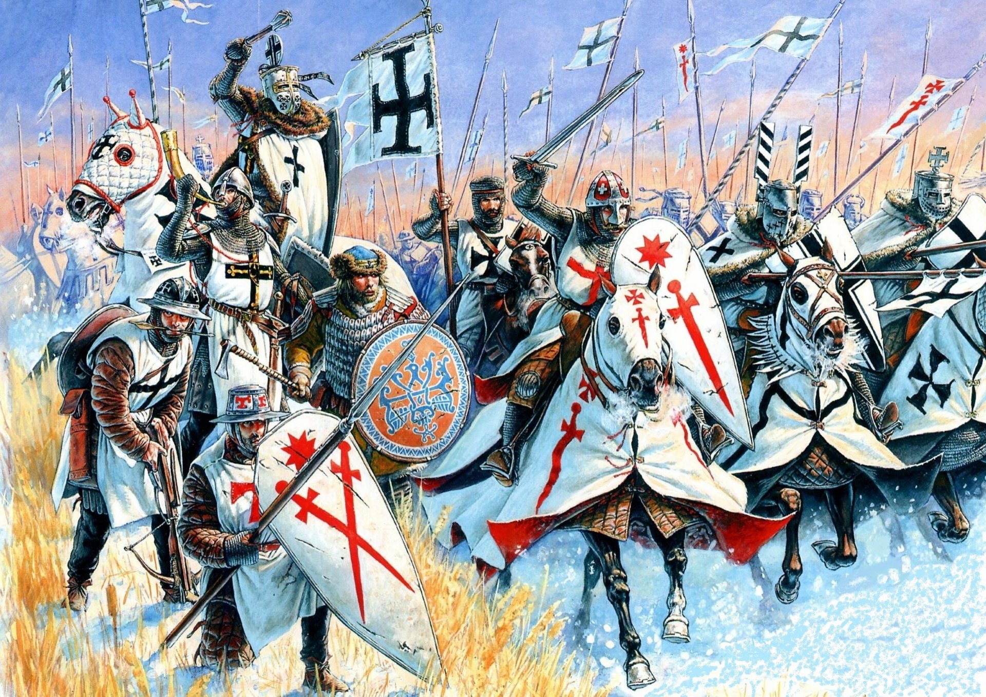 art attack knights teutons master bearer arbalester bollard trumpeter white cloaks black red cross chain armor hats leggings weapon spear boards heavy swords battle axe crossbow large warhorses blanket cape 13th century picture