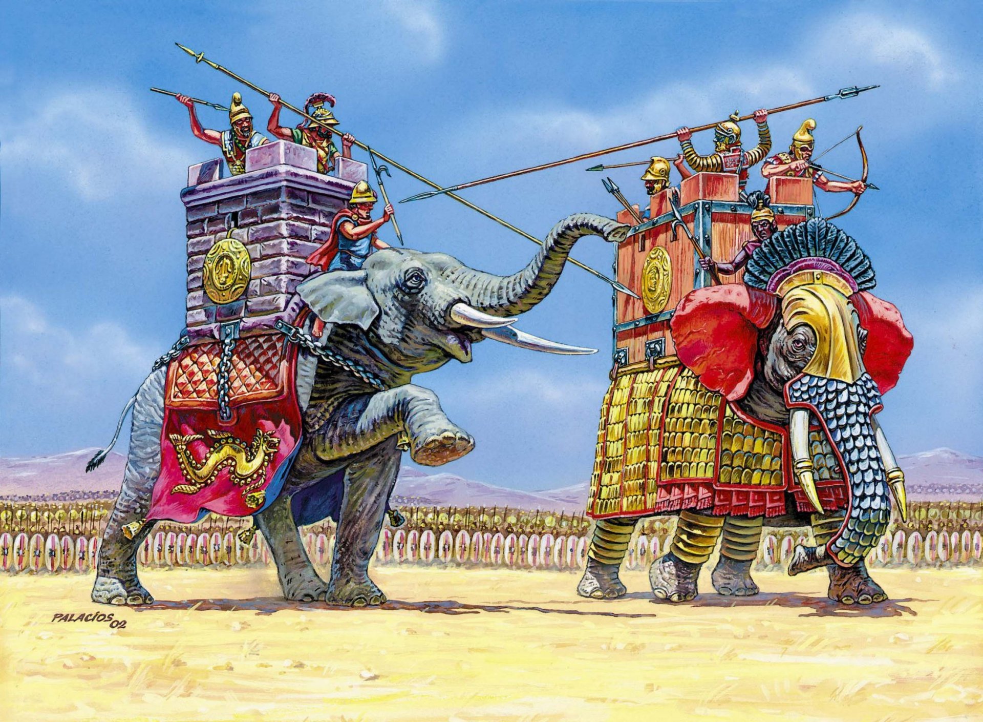 the armies of Egypt and Carthage converged on the battlefield before the battle each side put forward a fighting elephant for a duel of the strongest in the distance warriors waiting for whose side will take iii-i centuries BC elephants with drivers in towers crew of 3 and 2 warriors represented indian elephant from