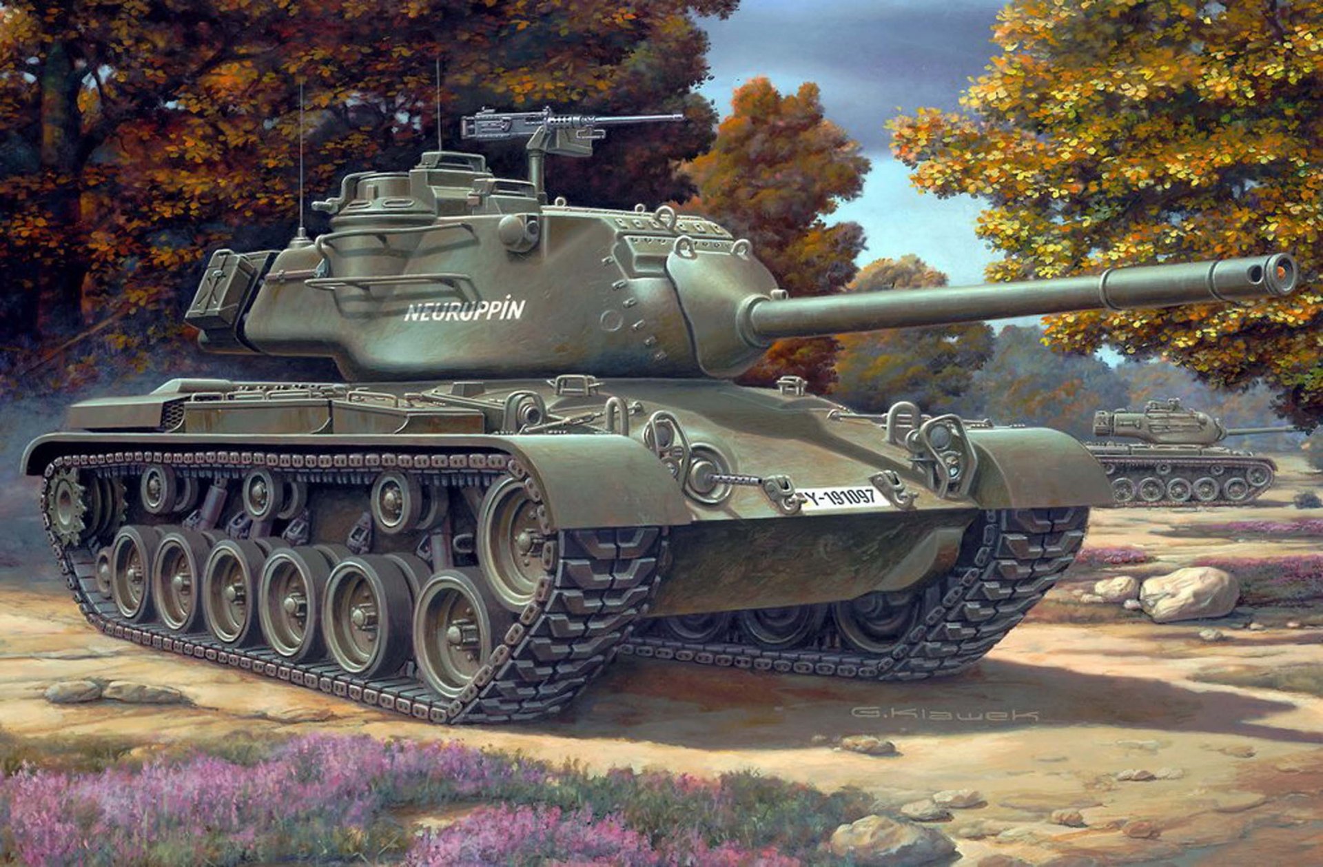 medium tank USA m47 Patton II 90-mm cannon caliber also models of these tanks were in service with the armies of austria belgium jordan spain italy turkey france germany japan in the picture the tank the inscription on the tank tower neuruppin city b brandenburg g