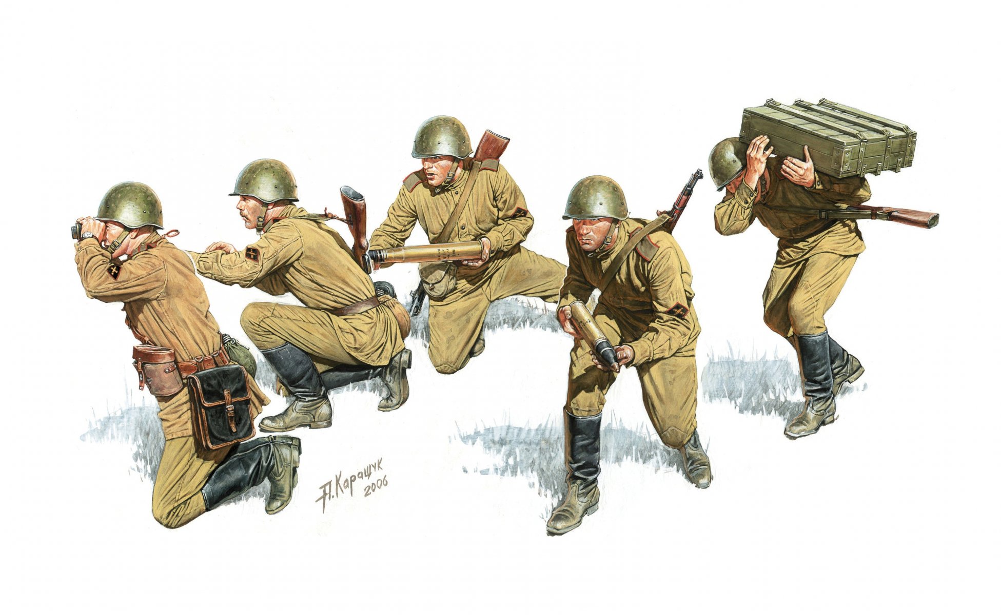 art soviétique artilleurs en position prêt à tir mitraillettes fusil boîte obus grande guerre patriotique a. karashchuk dessin