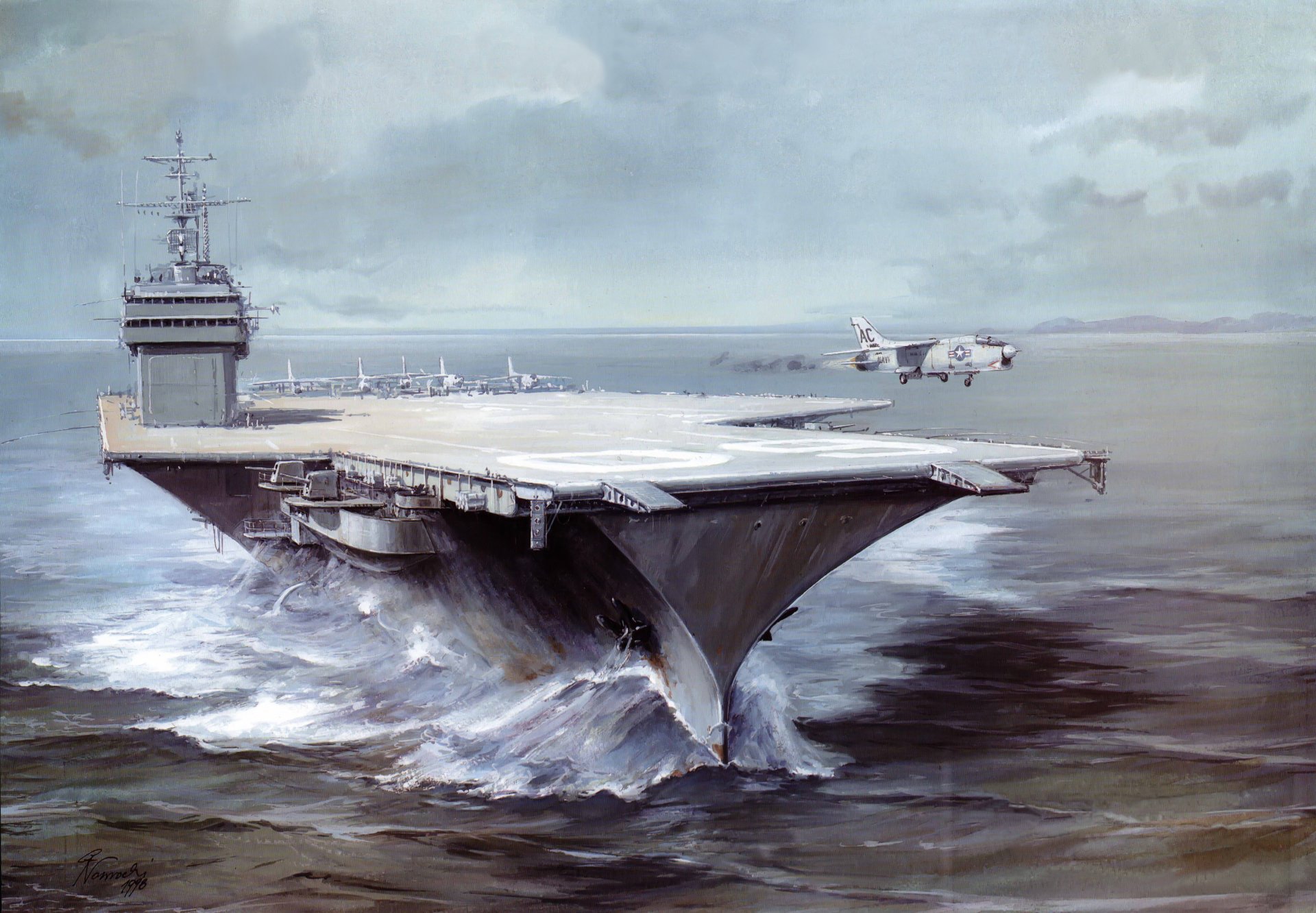 arte disegno acqua mar mediterraneo onde saratoga uss saratoga cv-60 portaerei us navy f-4j advanced deck multi-purpose fighter