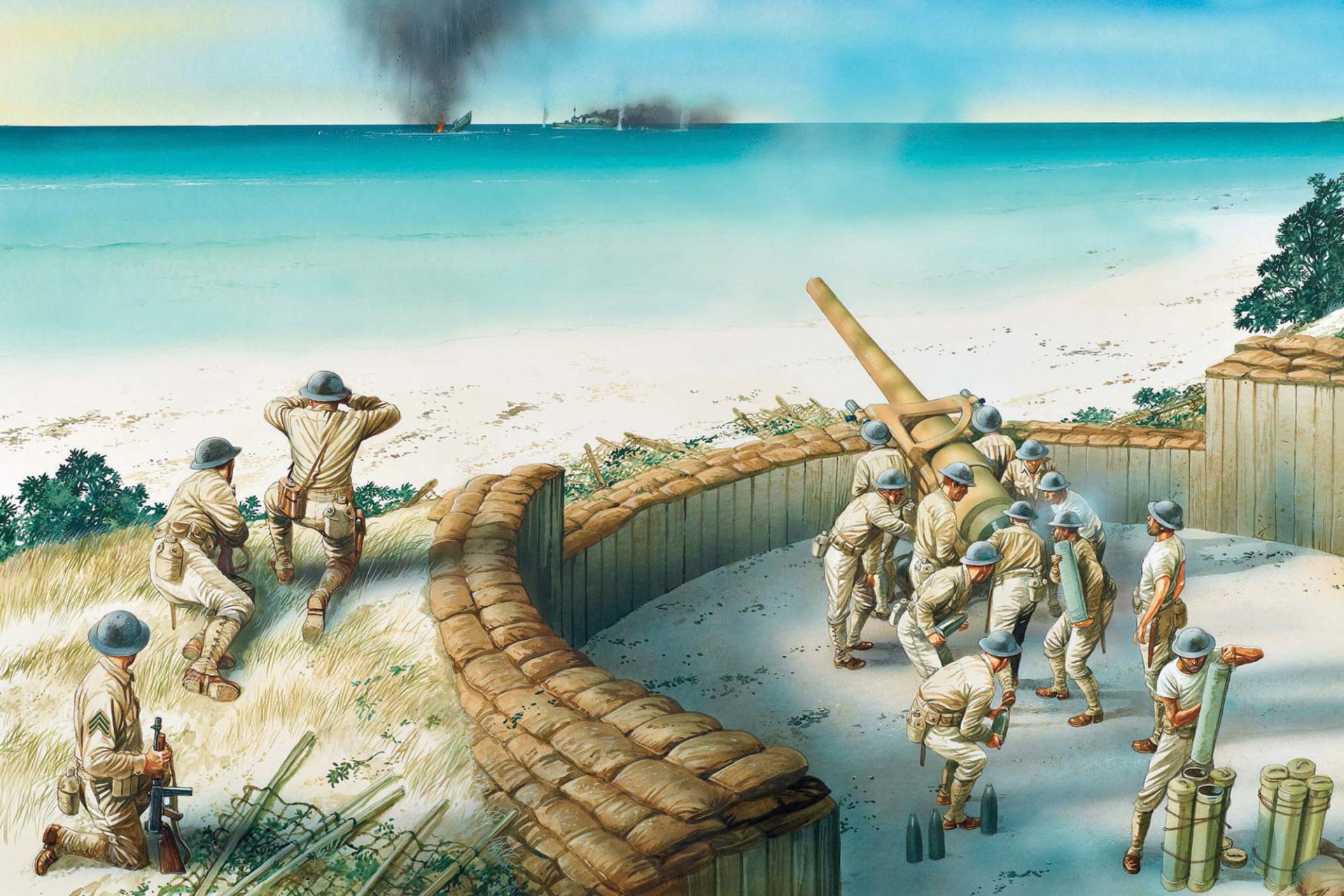 art soldiers artyleria przybrzeżna strzela do wroga wyspa wake 1941 atol położony na północnym pacyfiku oceania w połowie drogi między wyspami hawajskimi a wyspą guam ww2