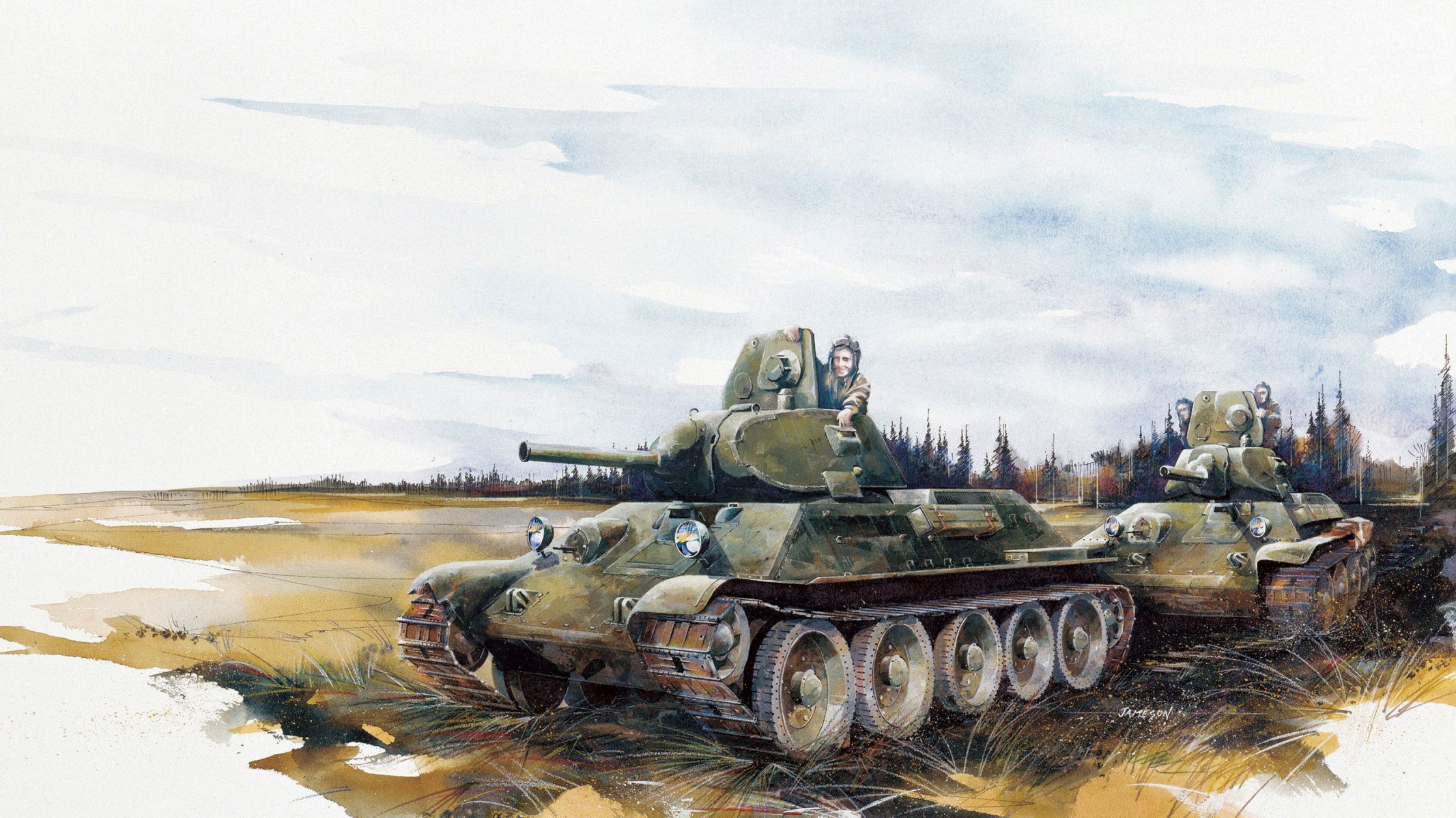 arte disegno pennellate matite e acquerelli sovietica carro armato medio t-34-76 obr 1940 ww2