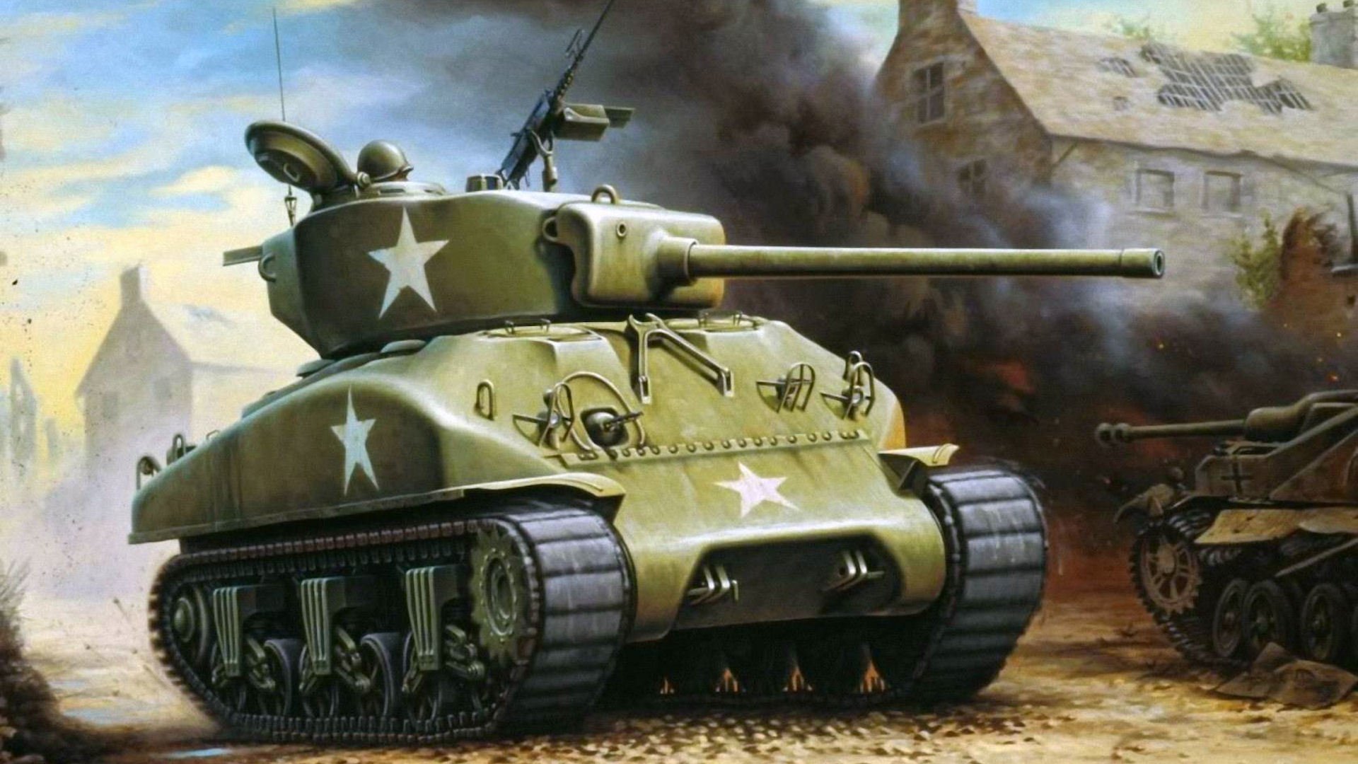 herman tank m4 picture art war smoke ruin