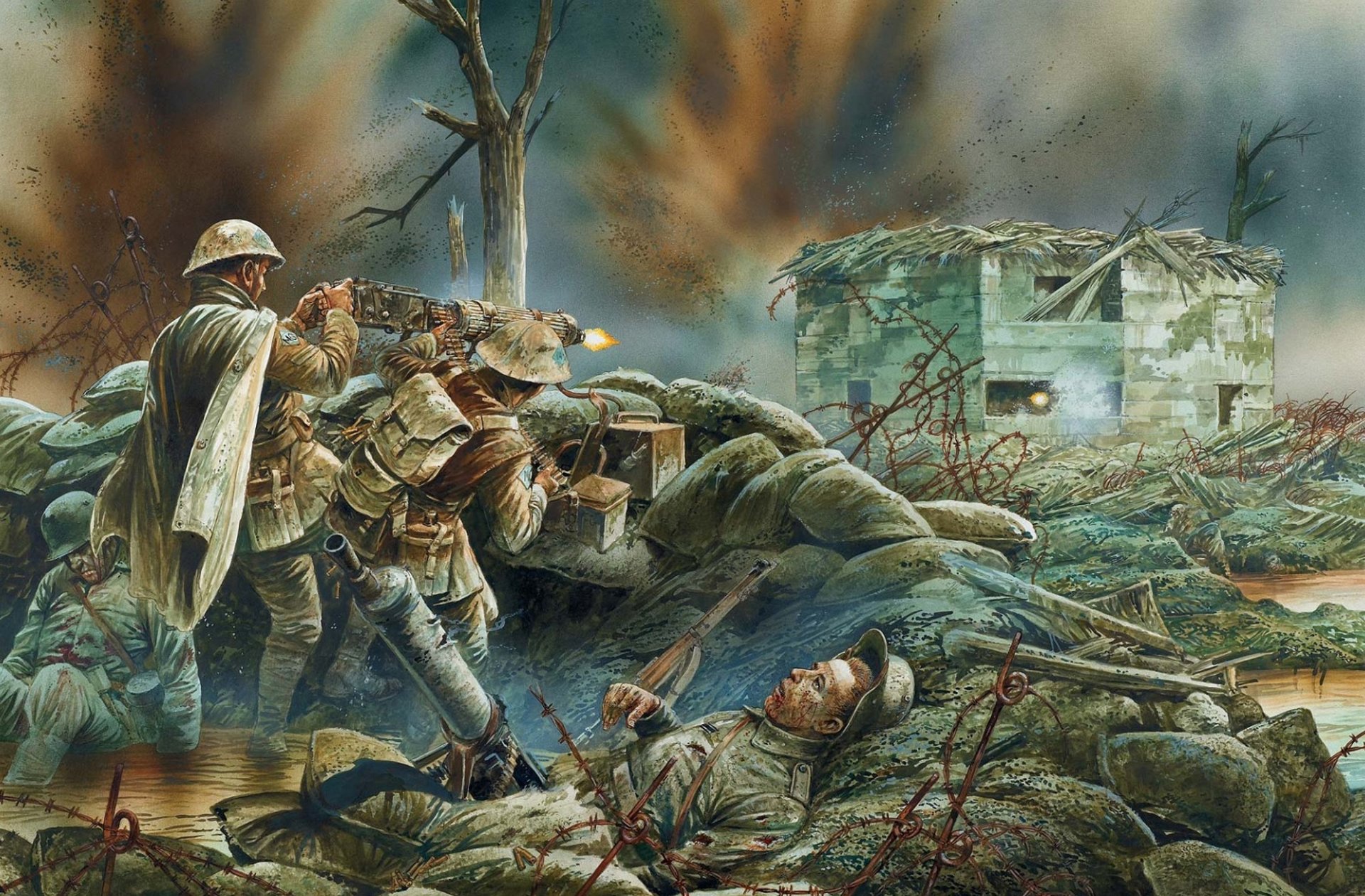 art combat tranchée britannique soldats équipement lourd vickers coups de feu allemand position explosions eau boue destruction première guerre mondiale dessin