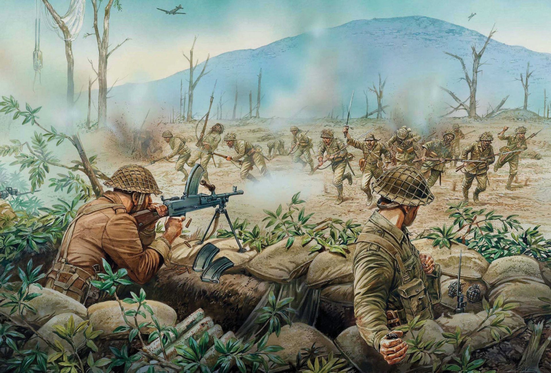 art soldiers kohima battle kwiecień 1944 przełomowa bitwa w birmańskim regionie indyjskim między brytyjską armią indyjską a japończykami okolica miasta kohima zakończyła się klęską armii japońskiej zatrzymaniem japońskiej kampanii birmańskiej z powodu przekroczenia granicy