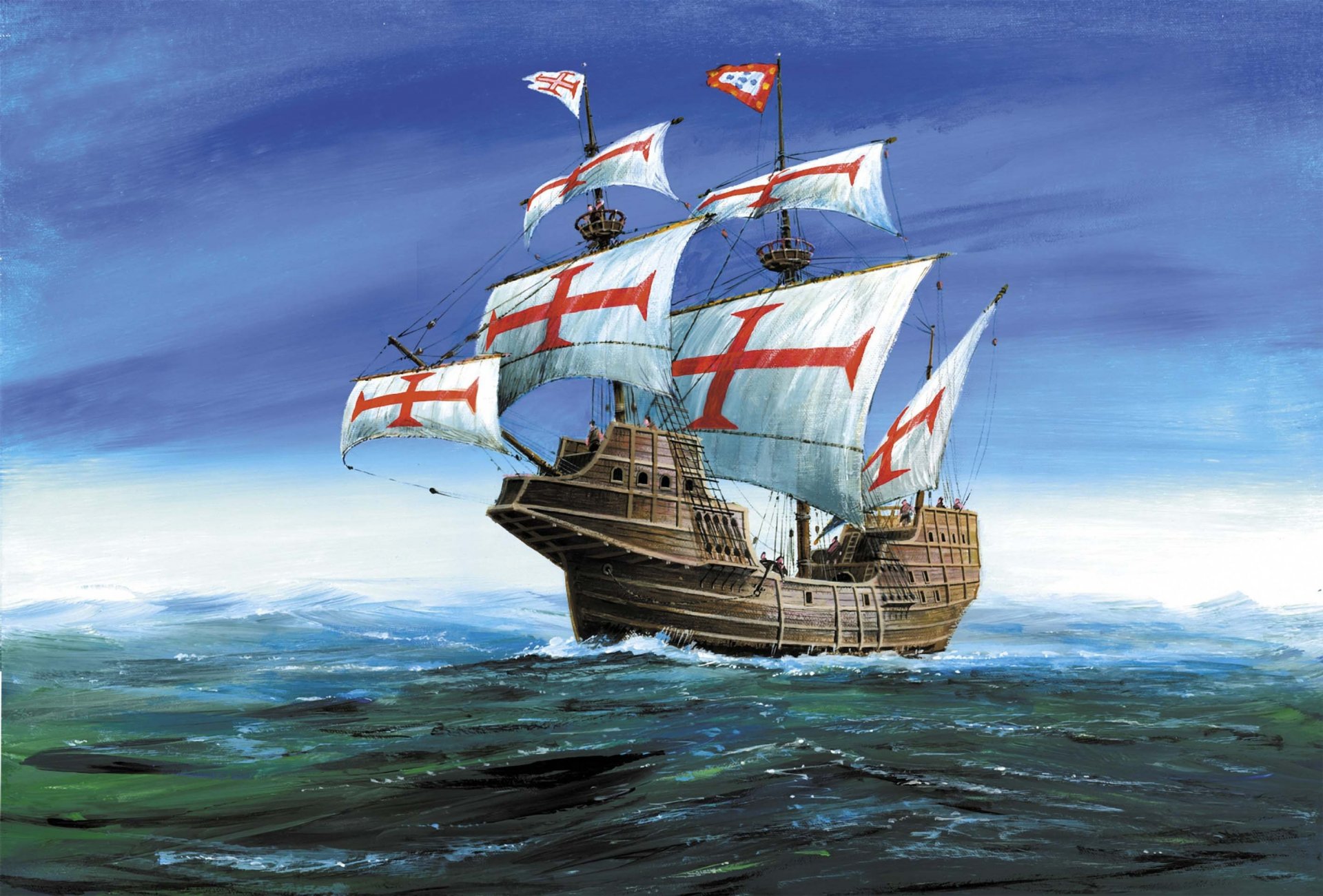 an Gabriel 16th century on ships of this class the conquistadors went to conquer the lands of the new world. the ship could take on board up to 900 tons of cargo with a displacement of 1600 tons and could carry 600-700 armed people. for its own time this ship b