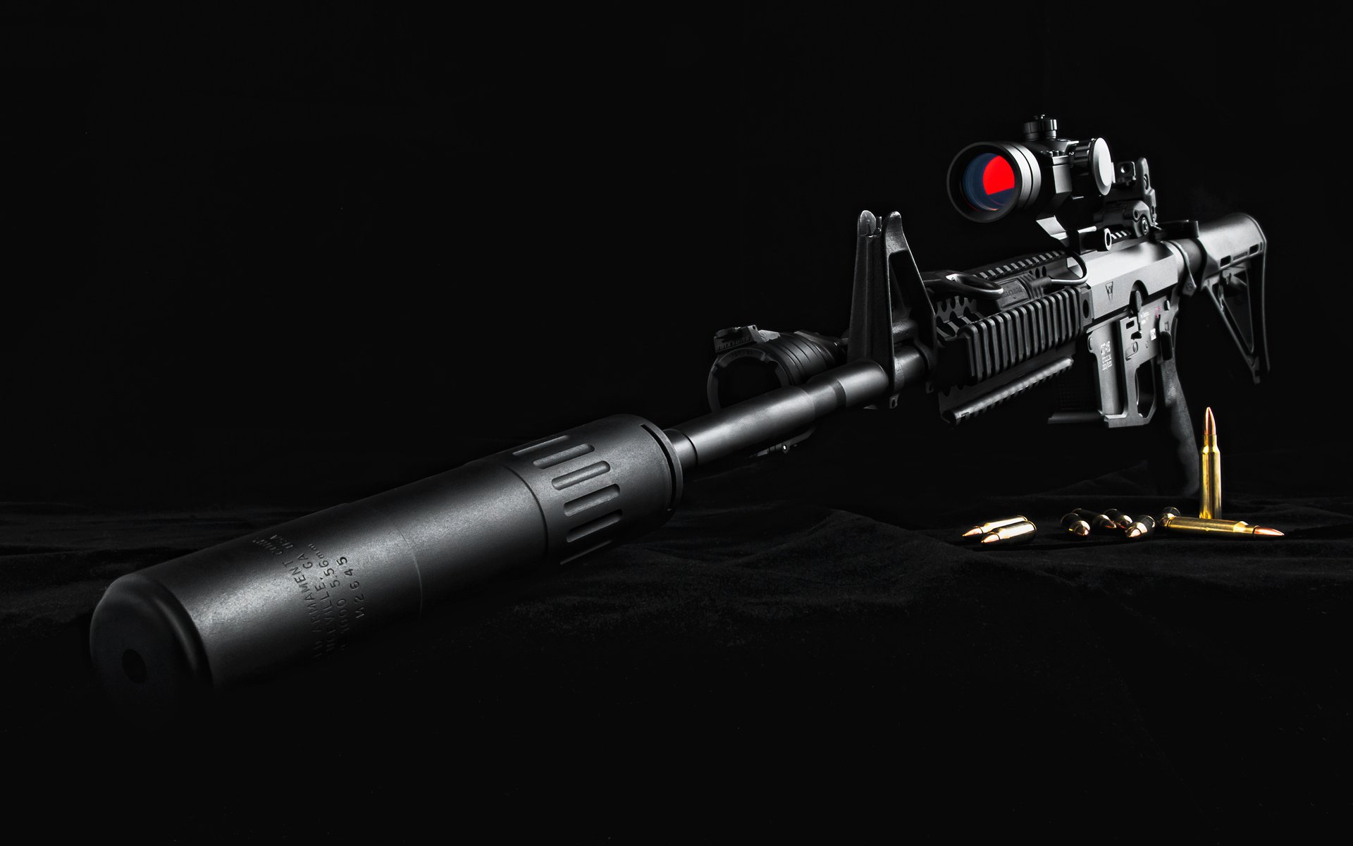 rifle machine optics silencer cartridges black background