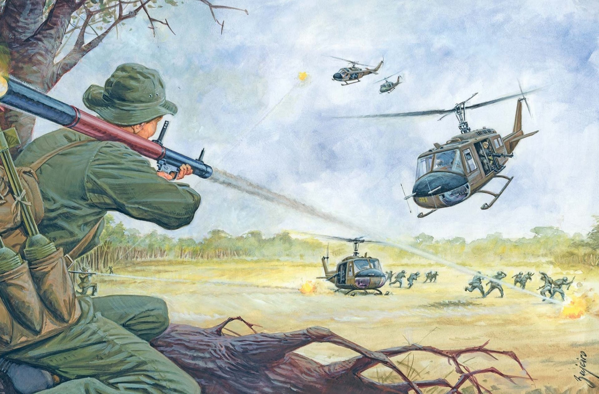 art fighting clash ambush men grenade launchers shots explosions picture