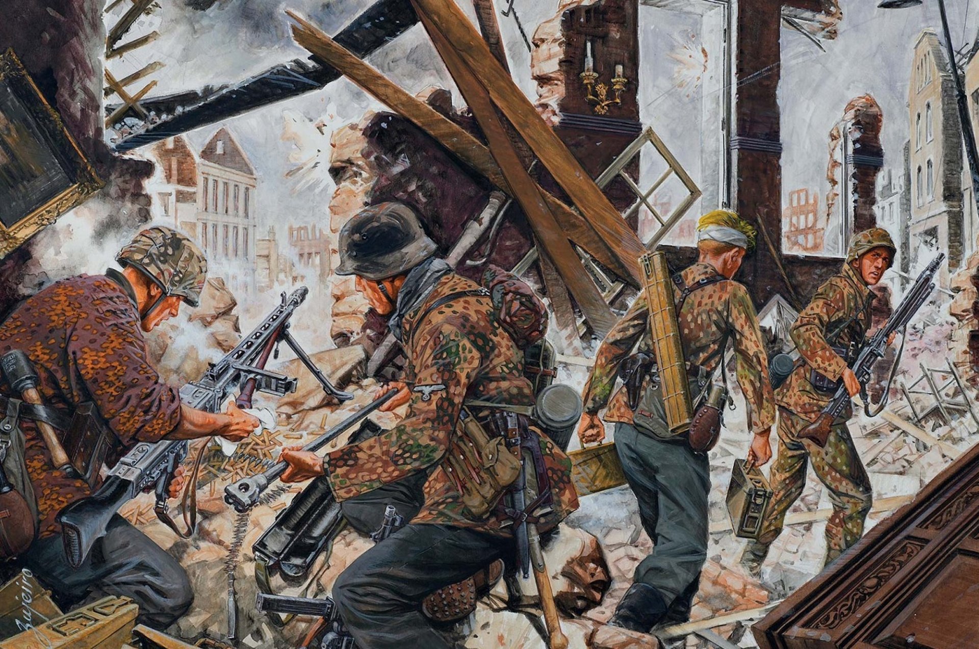 art guerre allemand mitrailleuses uniforme équipement camouflage mg-42 ville maison ruines ww2 dessin