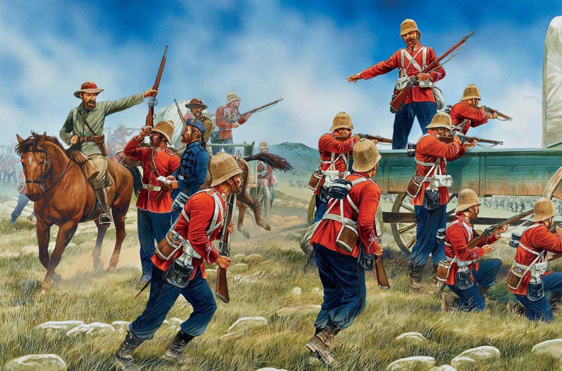 art nord amérique britannique soldats rouges uniformes équipement fusils martini-henry mk i-iv colons colons charrettes réflexion attaques dessin