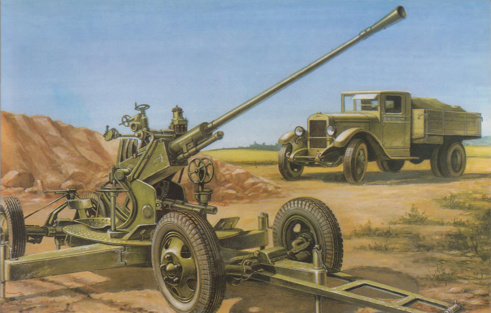 art position 37-mm soviet automatic anti-aircraft cannon model 1939. 61 k zis-5 trёhtonka soviet trucks vehicles great patriotic war picture