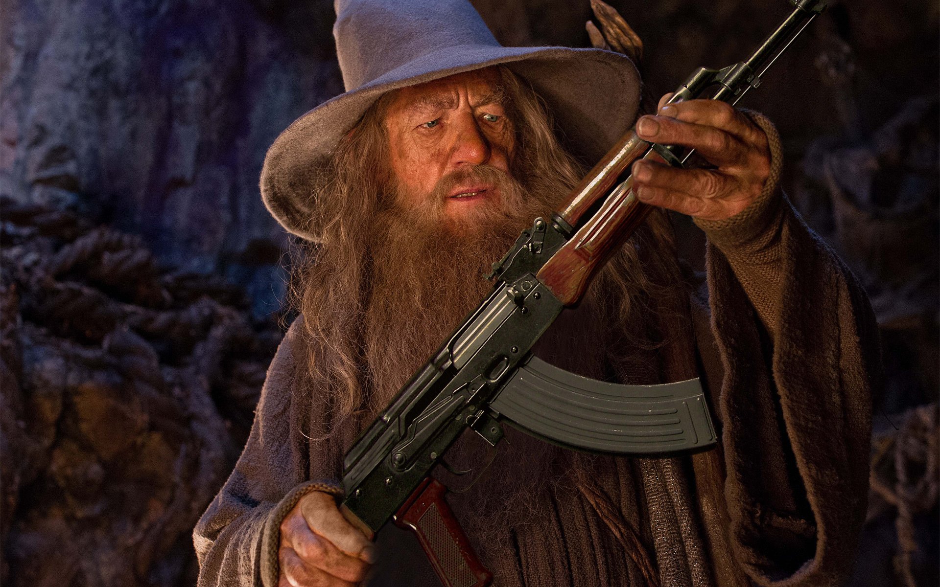 gandalf grau maschinengewehr kalaschnikow ak hut humor herr der ringe