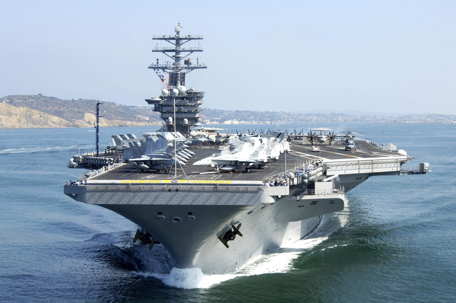 lead ship of the nimitz number cvn-68 multi-purpose the carrier nuclear power plant deck fighters helicopters ocean