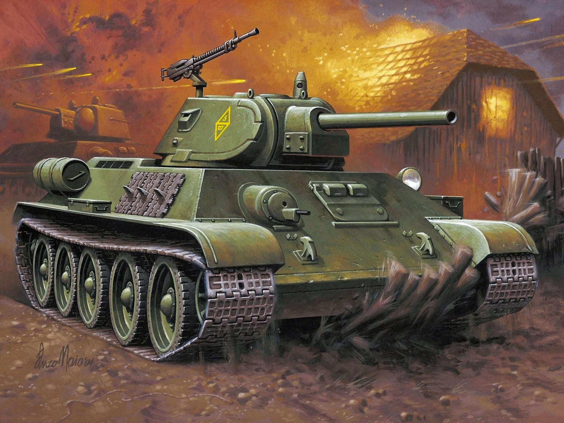 arte dibujo t-34-76 treinta y cuatro soviético medio tanque batalla ww2