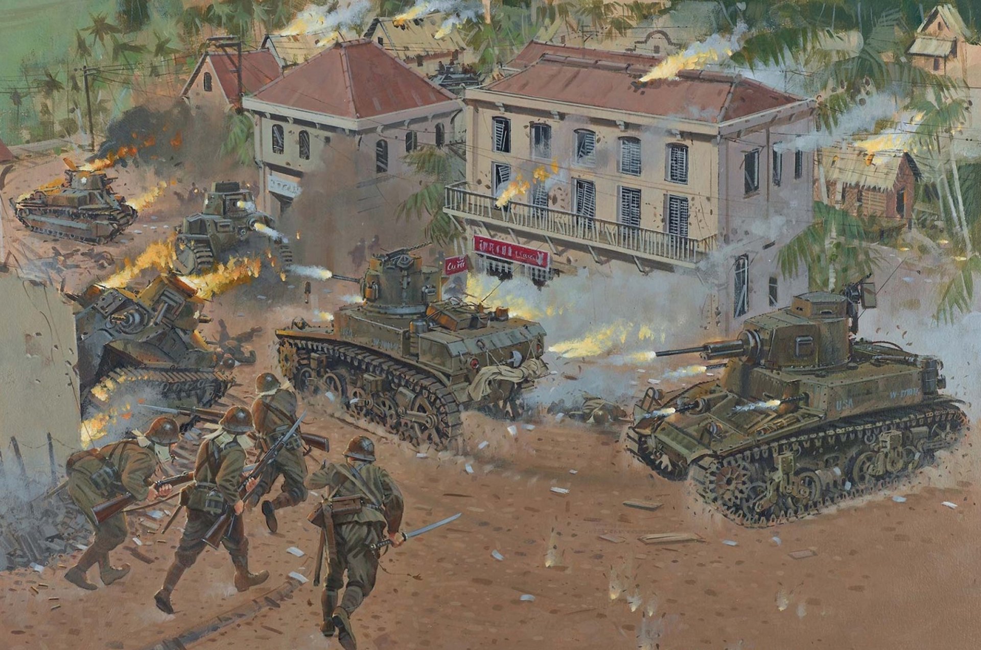 art war fall philippines fight to town san fernando street japanese men tanks burning us ww2 picture