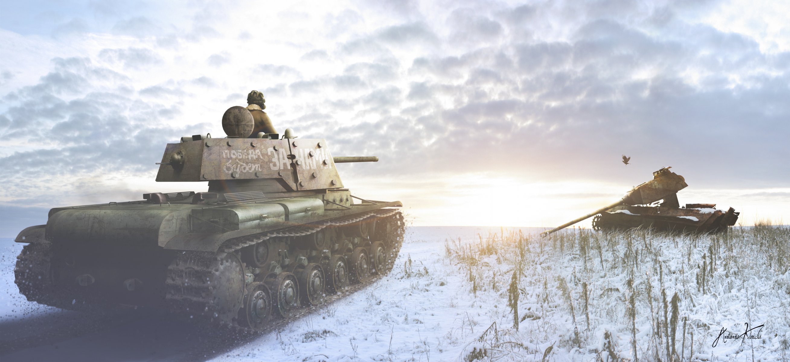 render tanque kv-1 klim voroshilov petrolero nieve esqueleto inscripción pájaro sol