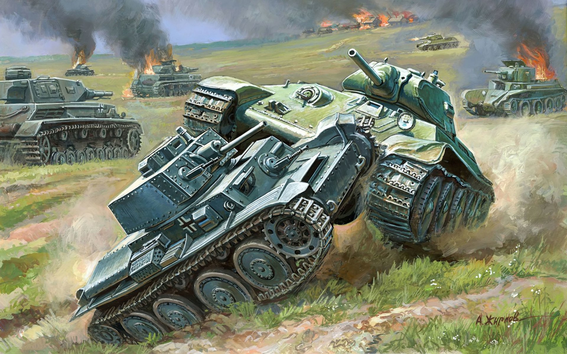 art sovietico medio carro armato t-34-76 arr. 1940 trentaquattro carro armato battaglia speronamento tedesco leggero pz.kpfw.38 . t artista a. zhirnov seconda guerra mondiale ww2