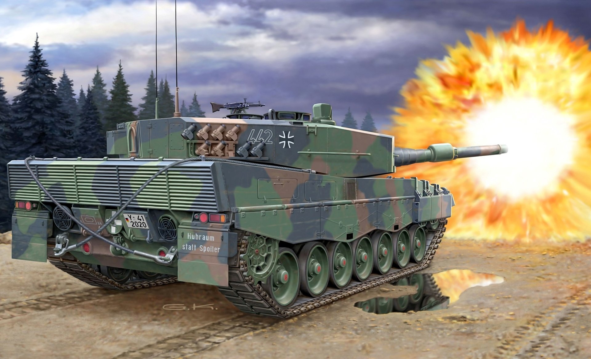 kunst leopard 2a4nl deutsch kern kampf panzer tarnung schuss flamme straße pfütze reflexion bäume himmel wolken zeichnung künstler g.klawek