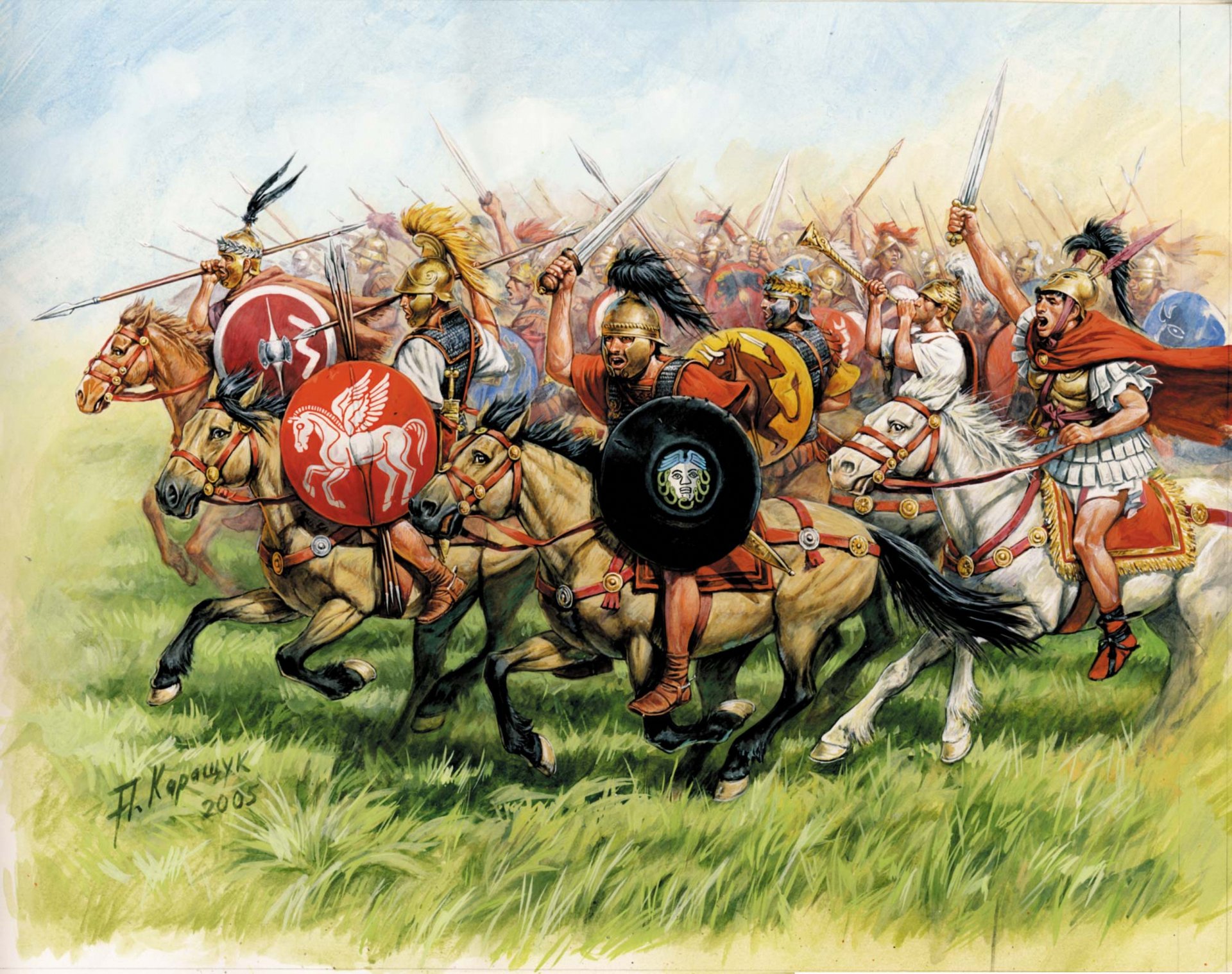 figure rome républicain cavalerie iii-i siècles avant jc cavaliers boucliers ronds casques armures épées lances attaque herbe