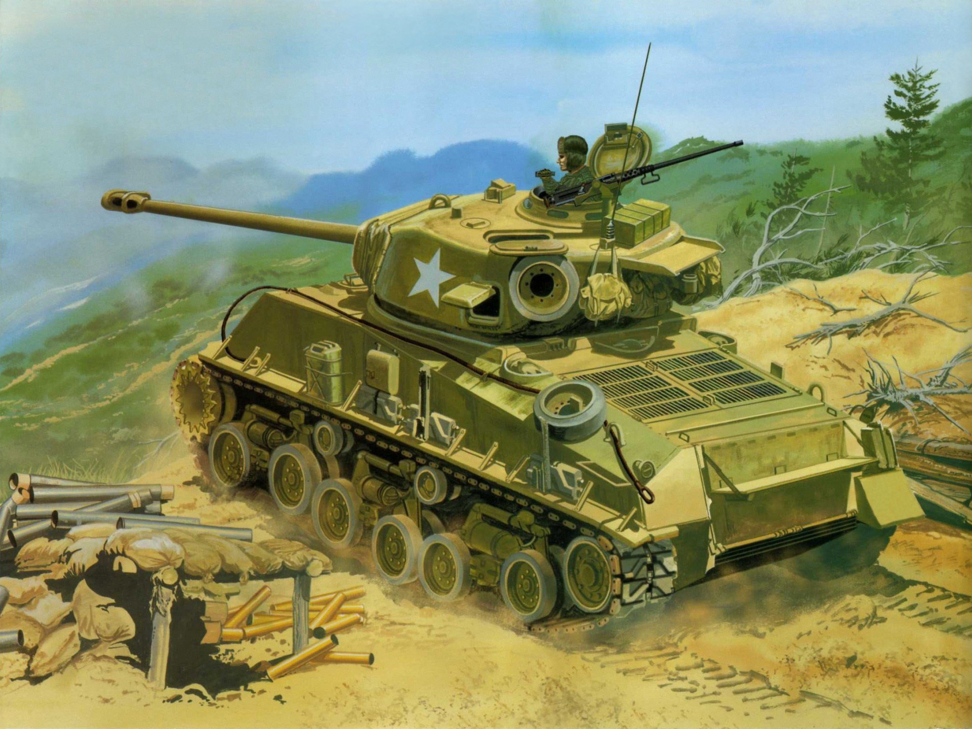 art tank sherman m4 a3e8 medium korean war 1950-1953 used as artillery firing at north Korean positions