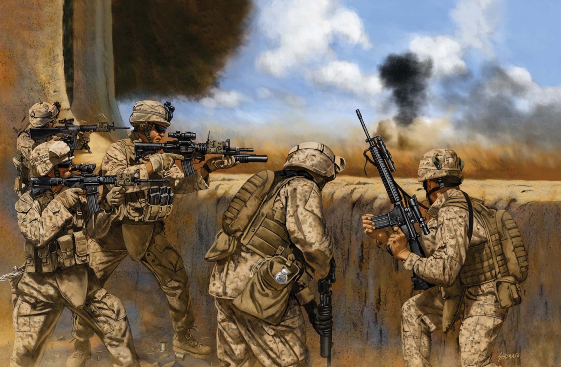 art irak soldats armée états-unis équipement arme fusil m-16 combat dessin