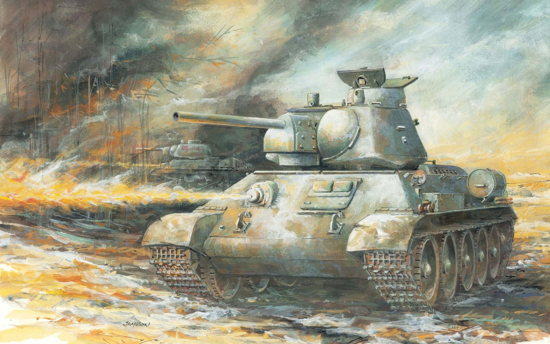 arte tanque dibujo pinceladas soviético medio ot-34-76 ar. 1943g. urss segunda guerra mundial ww2