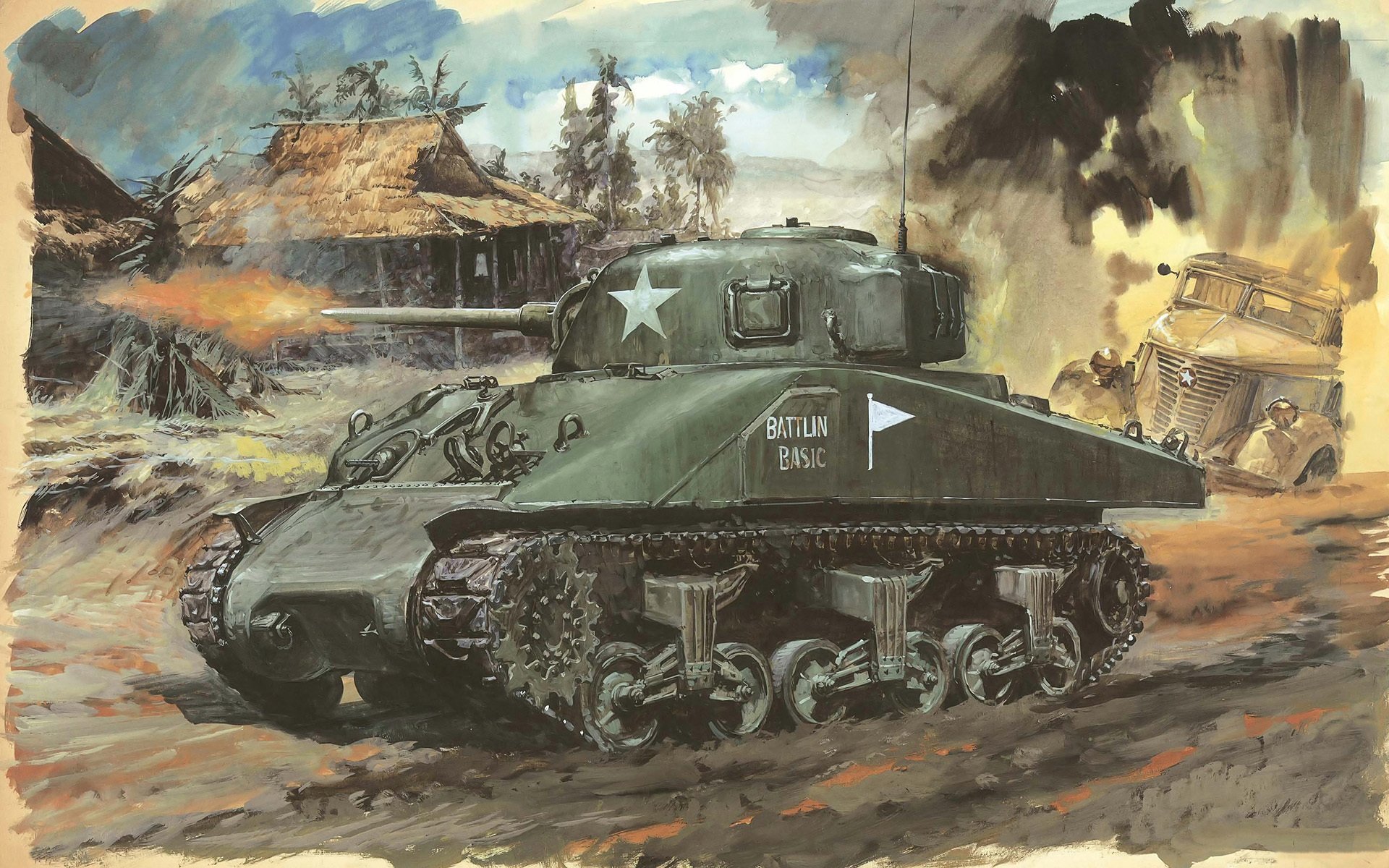 arte disegno pennellate serbatoio sherman m4a1 principale americano medio ampiamente utilizzato in esercito in tutti i teatri di combattimento battaglia pacifico ww2