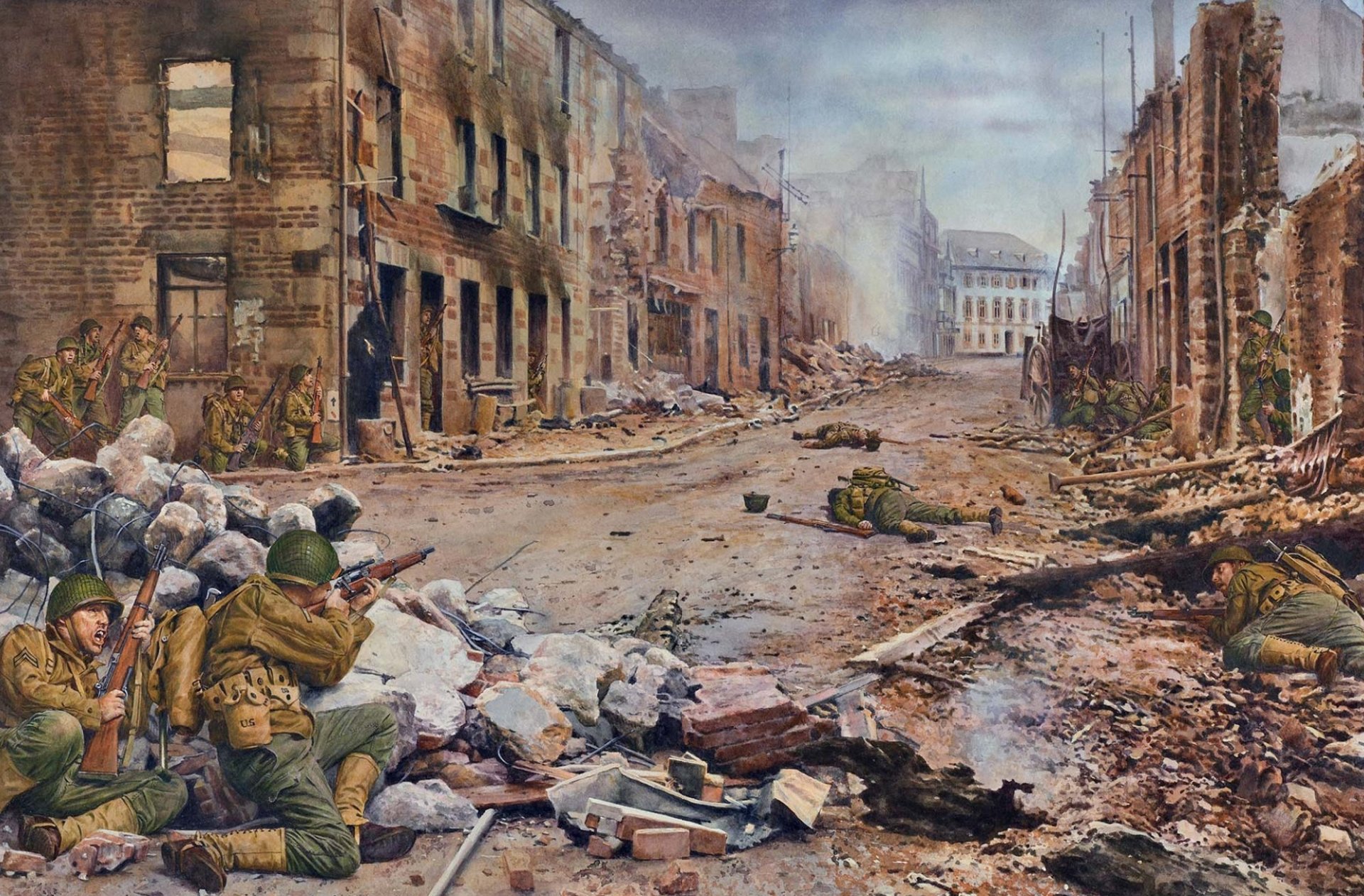 art war france saint-lo street us troops men uniforms shop rifles m1903a3 and m1903a4 shots smoke ruins ww2 picture