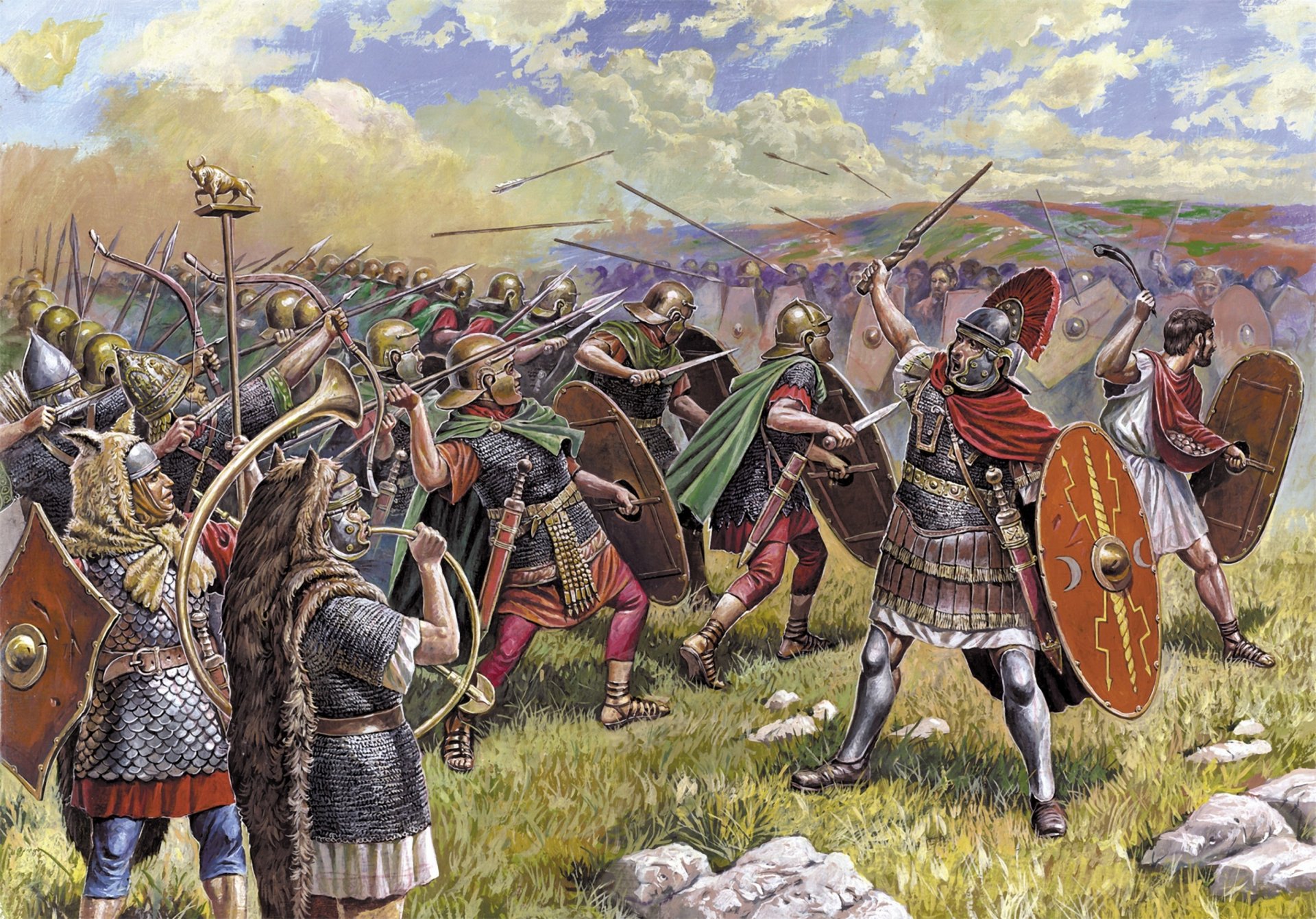 picture ancient rome reference infantry i-ii century bc auksilarii archers slingers signifer musician centurion swords boards spear bows boom battle attack