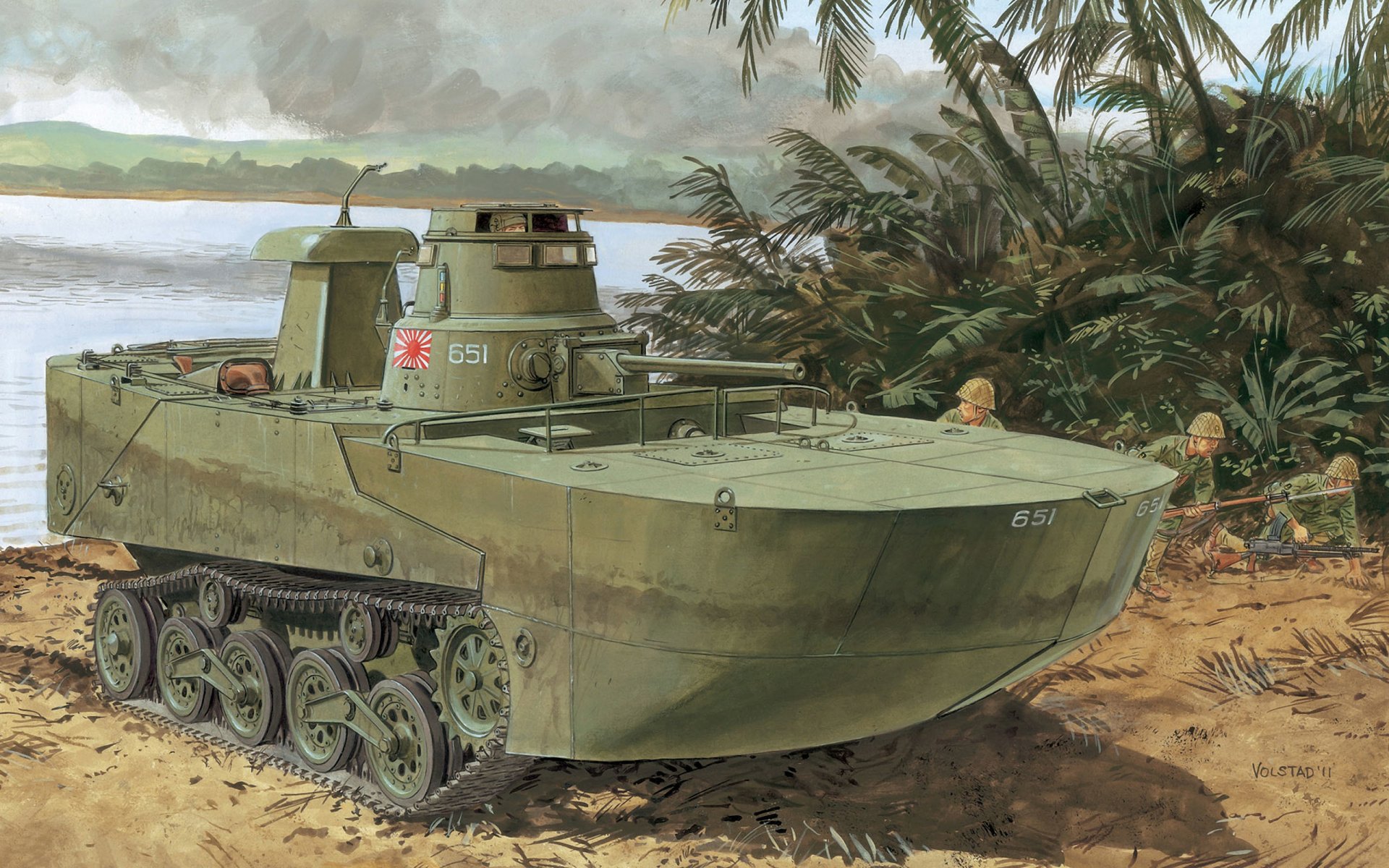 art japanese floating tank amphibious type 2 ka-mi created on base light tank ha-go name formed from ka-floating and mi-from the name company mitsubishi landing infantry under cover ww2