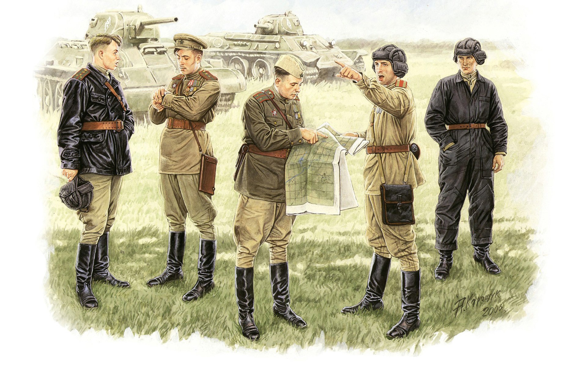 arte soldados soviéticos oficiales en campo condiciones reunión informativa urss segunda guerra mundial ww2 artista a. karashuk