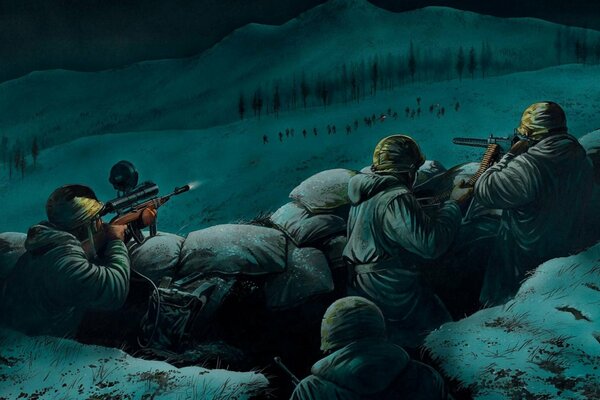 Рисунок ночью война солдаты целятся из оружия