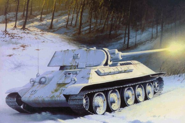 Shot of a tank in white camouflage