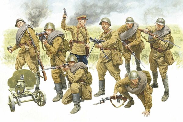 Drawing of Soviet soldiers of the Red Army. The Great Patriotic War